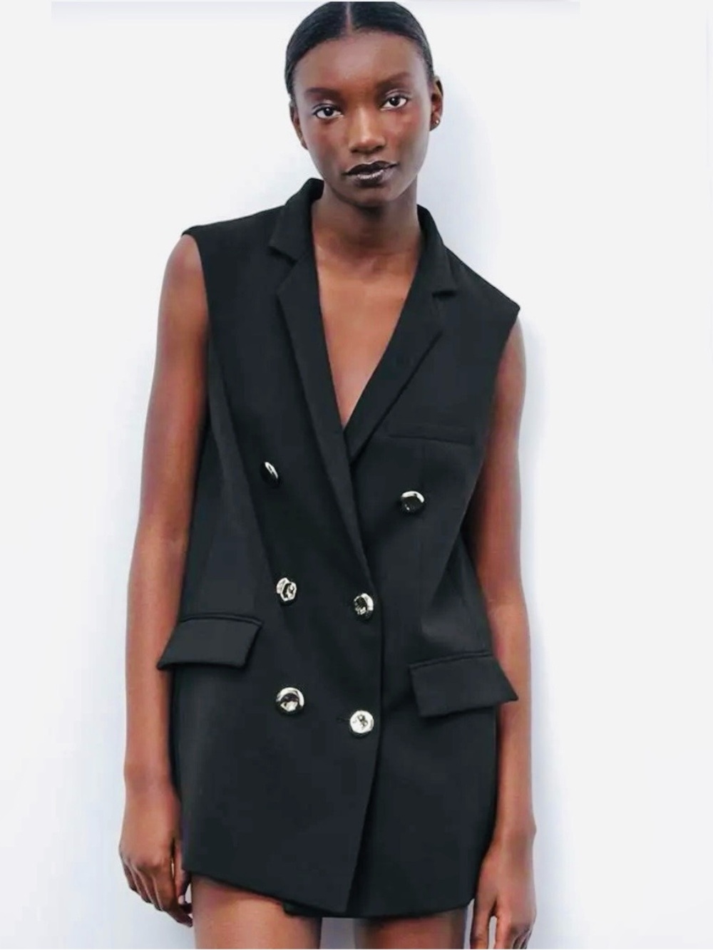 ZARA, Black Lapelless Double Breasted Blaze, Mini Dress, Vest, Size Medium